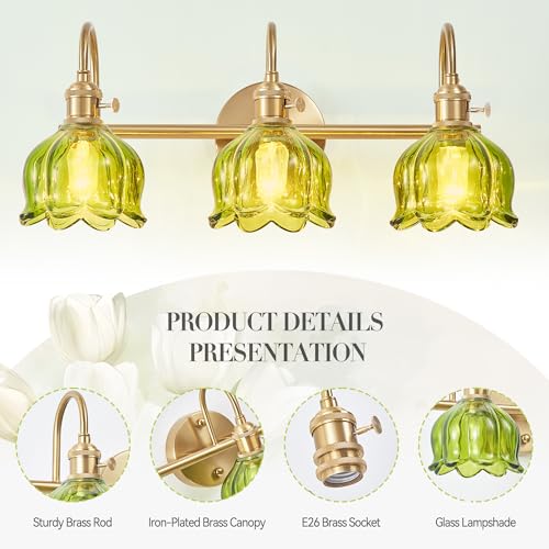 Image of Bathroom Light Fixtures Over Mirror,3-Light Brushed Gold Vanity Lights with Green Tulip Glass Shades,Vanity Lighting Fixtures for Bathroom Bedroom Kitchen Living Room Hallway