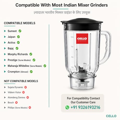 Image of CELLO Mixer Grinder Juicer Jar 1 Litre Transparent Polycarbonate Jar | Unbreakable, Durable & Lightweight | Universal Fit Mixer Grinder Replacement Jar for Blending & Juicing Black