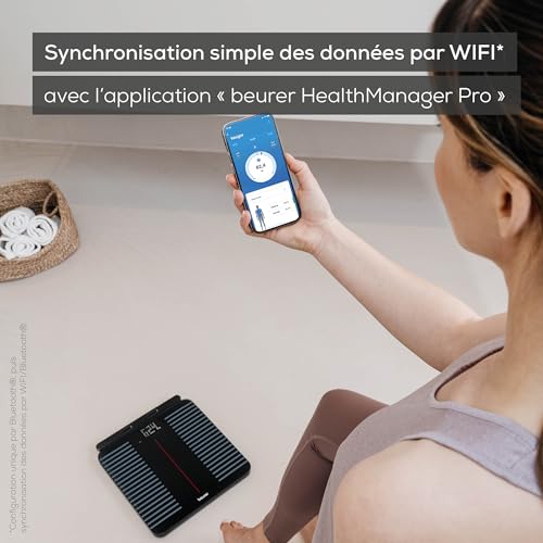 Beurer BF 990 Pèse-personne numérique avec capteurs manuels, connexion à une application via WIFI/Bluetooth, 25 valeurs mesurées, mesure croisée avec 8 électrodes, transfert vers Apple Health & co
