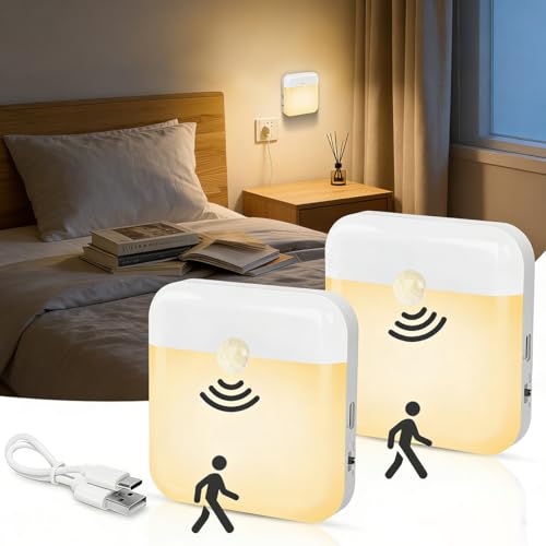 Image of ELEPHANTBOAT 2Pcs Smart Night Lights with Motion Sensor, 0.5W Warm Light Small LED Wall Lamp, Built in Magnet, 600mAh USB C Rechargeable Wall Lamp for Nursery Room, Kids Room, Bed Room, 78x78mm