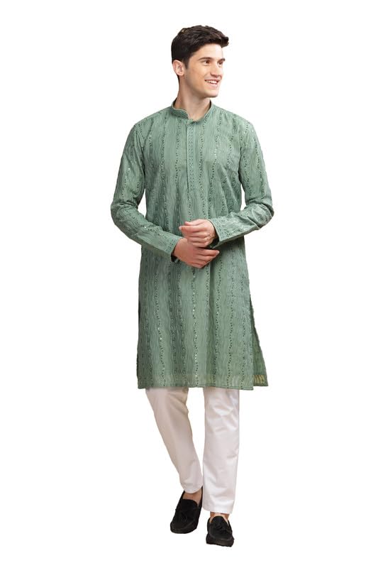 Be Active Men's Traditional Embroidered Lucknowi Design Full Sleeves Kurta || Cotton Kurta For Men || Men Kurta For Wedding || Kurta For Men (Sk0800 1 L) Green