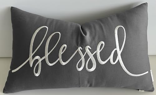 EURASIA DECOR Blessed Embroidered Pillow Cover - 12x20 Inch Cotton - Dark Grey Lumbar Cushion Cover - Modern Farmhouse Christian Home Décor - Inspirational Accent for Couch, Sofa, Bed - Cozy Gift
