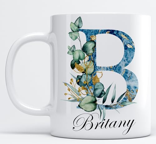 Personalised Mug Stylish Glitter Initial with Name, Customised Gift for Christmas Day, Birthdays, Valentine’s Day, Fathers Day for Mom, Dad, Friends, 11oz Ceramic Coffee/Tea Cup (Blue Glitter Floral)