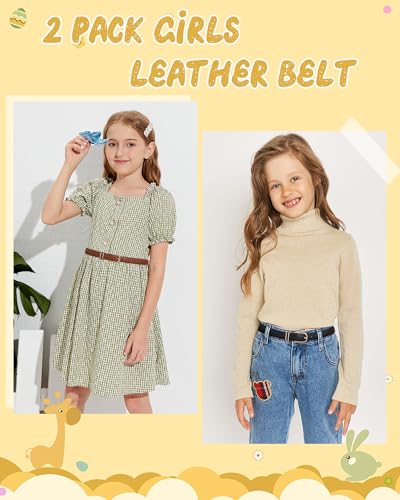 AWAYTR Kids Leather Belts for Girls - 2 Pack Toddler Girls Skinny Leather Belts for Jeans with Gold Buckle (Black+Brown,90cm)