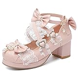 LUXMAX Women's Kawaii Shoes Cross Strap Pumps Cute Ankle Strap Mary Jane Shoes Wedding Lace Mid Chunky Heel Pumps, Size 7.5 M US,Pink