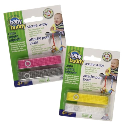 Image of Baby Buddy Secure-A-Toy, Safety Strap Secures Toys, Teether, Pacifiers to Strollers, Highchairs, Car Seats, Adjustable, Keep Toys Sanitary, Registry Must Have, Girls Colors (Colors May Vary), 4 Count