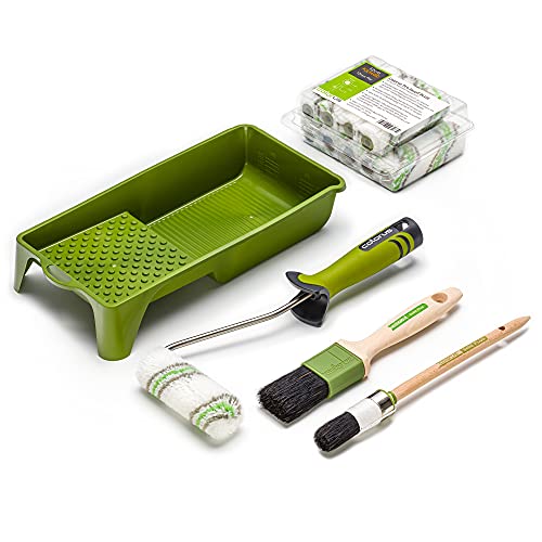 Profi Lackierpinsel Lackpinsel Gr. 04 (25 mm) und 50 mm | Velours Lackierrolle Lackwalze Lackierwalze 10 cm | Lackierwanne Lackwanne Farbwanne 15 x 32 cm | Edelstahl Aufsteckbügel Farbroller-Bügel