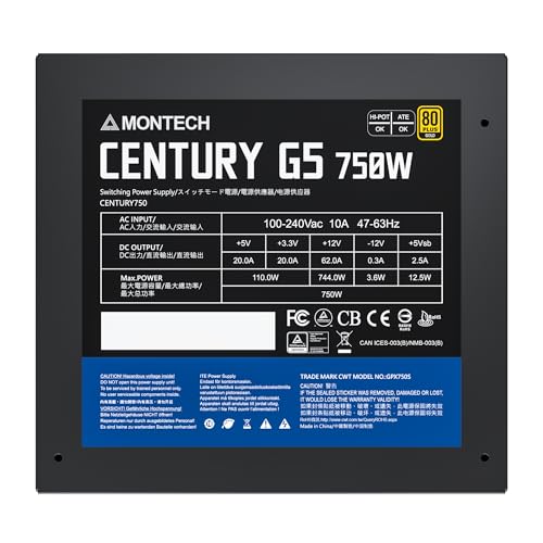Image of Montech Century G5, 750 Watt, ATX 3.0 & PCIe Gen 5 Compliant, 80 Plus Gold, Low Noise, Superior Full-Bridge LLC Structure, Full Japanese Capacitors, Fully Modular Power Supply