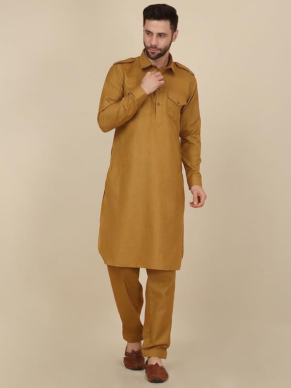 Image of KRAFT INDIA Men's Cotton Pathani Kurta With Drawstring Salwar Set