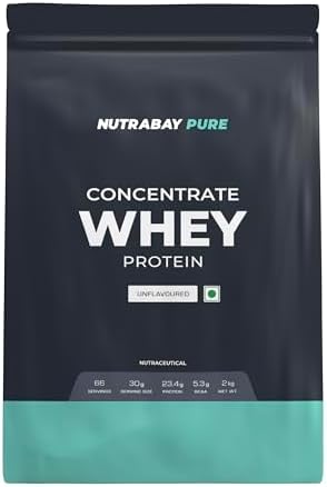 Nutrabay Pure 100% Raw Whey Protein Concentrate 23.4g Protein, 5.3g BCAA, 3.9g Glutamic Acid โ Muscle Growth & Recovery โ 2kg, Unflavoured | Authentic & Clean Protein | Trustified Certified