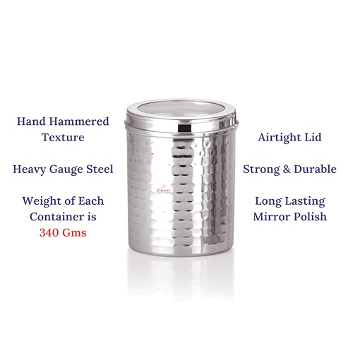 Image of Ebun Stainless Steel Containers for Kitchen Storage Set | Steel Storage Containers for Kitchen | Steel Containers with Lid | Hand Hammered Texture Airtight Steel Containers 1 Kgs | Pack Of 6