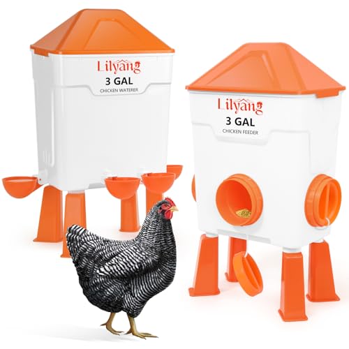 Lilyang XL Chicken Feeder and Waterer Set 3 Gallon, Automatic No-Waste Feeder, Large Poultry Waterer with 2.75'' Cups, Standing or Hanging Use, Feed Chickens & Ducks