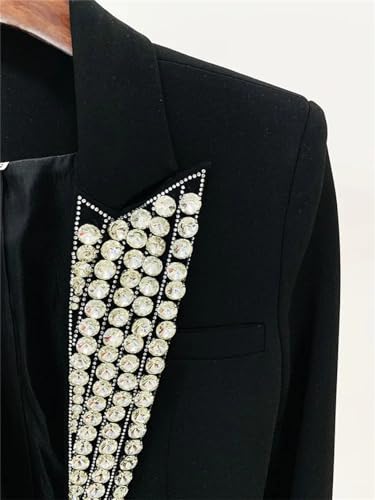 Lady Shinny Rhinestone Coat Women Notched Single Button Long Sleeve Solid Slim Blazer Black3