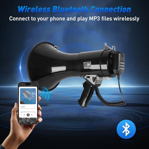 JAOGAUS 100W Megafon, Megaphone mit Bluetooth & Aufnahmefunktion, Reichweite bis 2000 m, Lautsprecher mit Sirene, Externem Handmikrofon, USB-Wiedergabe, Doppelte Stromversorgung, Schultergurt