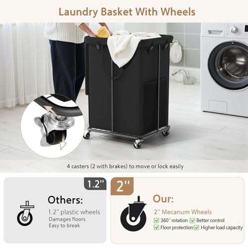 Image of 40 Gal Large Laundry Hamper with Lid, Rolling Laundry Basket with Wheels, Oxford Fabric Dirty Clothes Hampers with Removable Laundry Bag & Metal Frame for Bedroom, Laundry Room, Bathroom, Dorm(Black)