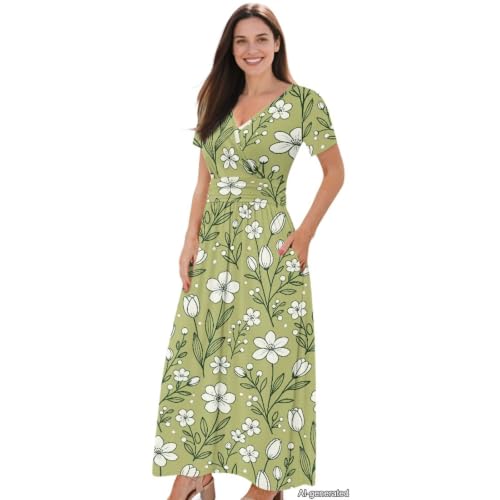 Image of Women's Fall Summer Short Sleeve Ankle Length V-Neck Party Dress with Pockets Size S-3XL