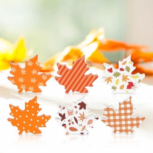 COCHIE Wooden Fall Leaves Decorations for Home Office Indoor Farmhouse Thanksgiving Table Tiered Tray Decor Set of 6 Vintage Fall Harvest Maple Leaf Block Signs Tabletop Shelf Decoration (Pattern)