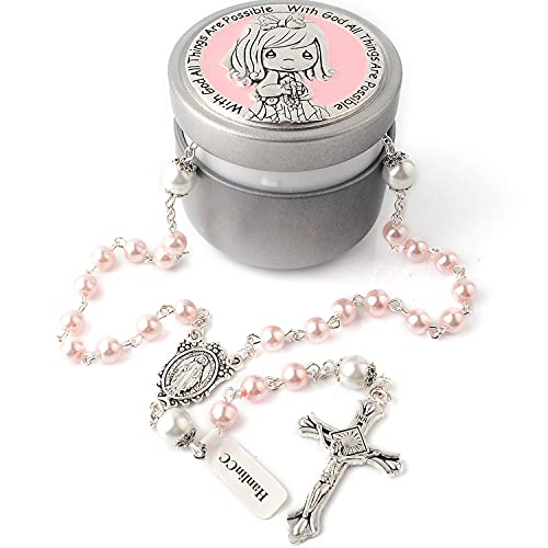 Hanlincc 6Mm Pink Glass Pearl Beads First Rosary Necklace With Silver Zinc Alloy Rosary Box (Pink Pearl Miraculous Rosary With Box For Girl) #TOP3