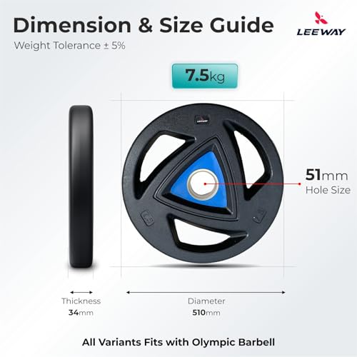 Image of LEEWAY Tri-Grip Olympic Plates (7.5kg x 2) | 51mm Standard Hole Size | Rust-Proof Textured Grip Design | Olympic Barbell Compatible | Floor-Safe Low Noise | Home Gym Strength Training India (7.5kg Pair)