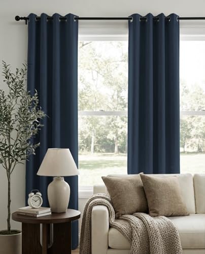 Image of 100% Blackout Shield Linen Textured Total Blackout Curtains for Bedroom 90 Inches Long, Navy Blue Grommet Curtains for Living Room, Thermal Insulated Room Darkening Drapes, 50 inch W x 90 inch L, 2 Panels