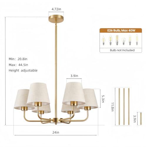 Farmhouse Chandelier, 6-Light Gold Chandelier with beige Fabric Shades - image 2