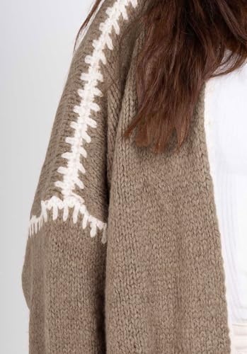 Image of chouyatou Women Fall Open Front Color Block Cardigan Sweater Casual Striped Chunky Knit Oversized Cardigan