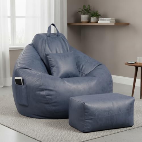 Image of 4XL Suede Bean Bag Chair with Footrest & Cushion | Filled with High Density Polystyrene Beans | Premium Soft Fabric | Teardrop Design with Handle | Ready to Use Color- (NAVY BLUE, Bean Bag)