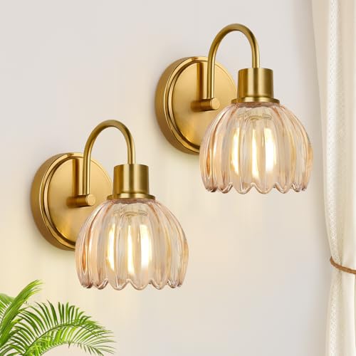 Image of 2-Pack Brushed Gold Bathroom Vanity Light, Single-Head Wall Sconce with Ribbed Amber Tulip Glass Shade, Vintage Bathroom Light Fixtures for Bedroom, Hallway & Bedside (Bulbs Not Included)