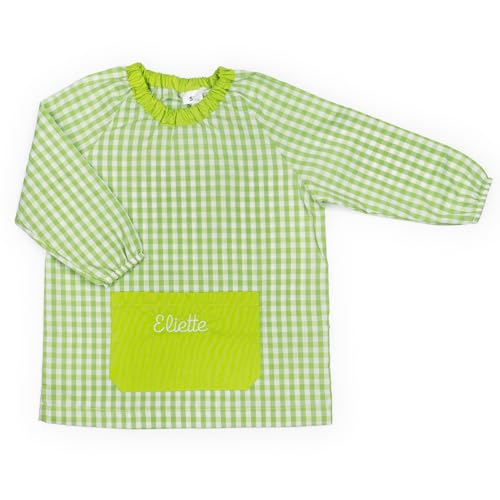Wanapix | Bata Escolar con Nombre Bordado | Babi Escolar Infantil a Cuadros | con 1 Bolsillo | Bata Guardería/Colegio | Niño y Niña (1-2 Años, Verde)