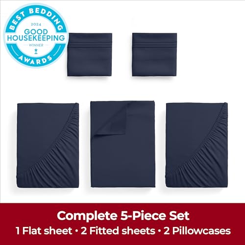 Image of Mellanni Extra Deep Split King Sheets - 5 PC Iconic Collection Bedding | Hotel Luxury, Ultra Soft, Cooling Bed Sheets - Wrinkle, Fade, Stain Resistant (Split King, Navy Blue)