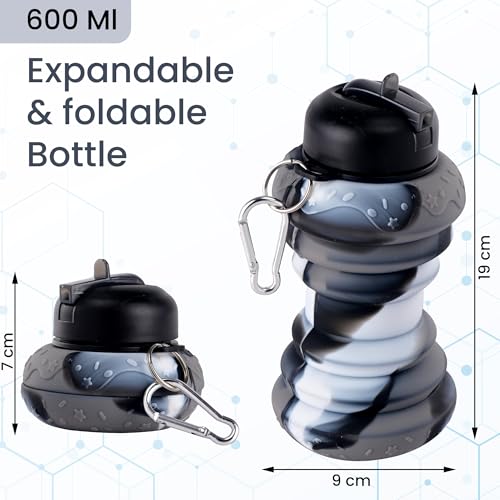 Image of Kuber Industries Pack of 2 Collapsible 600 ml Silicone Water Bottle With Flip Cap | Lightweight & Portable School Water Bottle - Ideal For Travel & Gym | Black