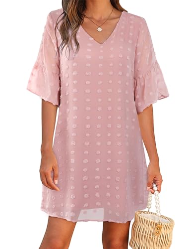 Image of Blooming Jelly Womens White Dresses Short Sleeve V Neck Ruffle Cute Sun Dress Chiffon Flowy Shift Mini Dress