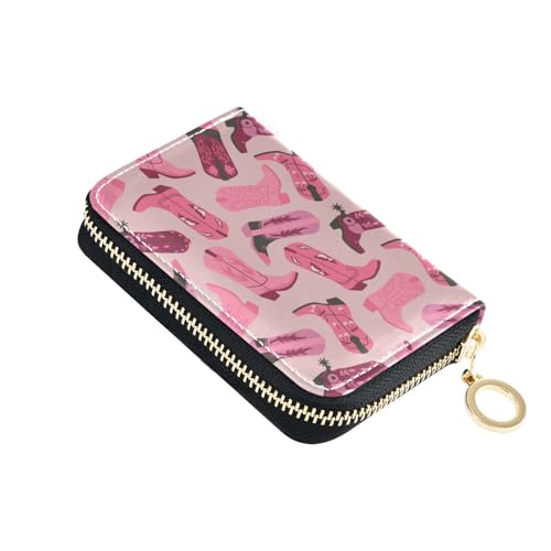 RFID Credit Card Holder Pink Cowgirl Boots Leather With Zipper Card Case Wallet for Women Girls