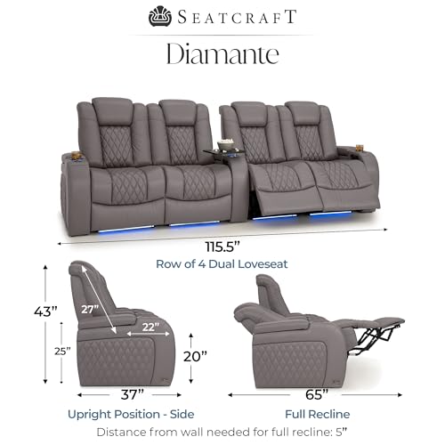 Image of Seatcraft Diamante Gray Italian Leather Home Theater Seating, Zero Gravity Power Recliner Gaming and Home Office Chair, Powered Headrest Lounge Sofa Furniture for Cinema Room, Row of 4 Dual Loveseats