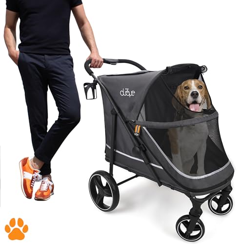 MY DUQUE – Hundebuggy Hundewagen CHAMP – XL Buggy große Hunde, geräumig, Tierwagen, Haustierwagen, Katze, Hund, Zusammenfalten, inkl. Regencover, Getränkehalter, Stauraum, max. Last 50kg/110lb, Grau