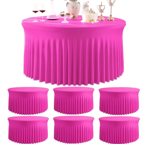 6 Pack Hot Pink Spandex Round Tablecloths for 72 inch Table, Stretchy 132inch Fitted 6FT Fuchsia Round Table Cloths, Wrinkle Free Table Cover with Skirt for Wedding Party Dining Banquet