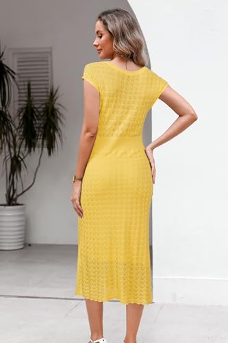 Image of Newshows Women's Hollow Slim Summer Fall Church Work Casual Sweater Dress | Machine Washable Knit Sweater Fabric, Hollow Design, Bell Sleeve, Business Casual, Church Teacher Outfits, Modest Dress