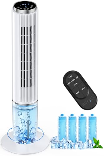 hifresh Personal Air Cooler for Home, 107CM Portable Fan, Touch & Remote Control, 4 Mode& 3 Speed, 26Ft Air Throw, 12H Timer, 4 Ice Packs, Auto Rotation, Low Power Consumption Tower Cooler for Room