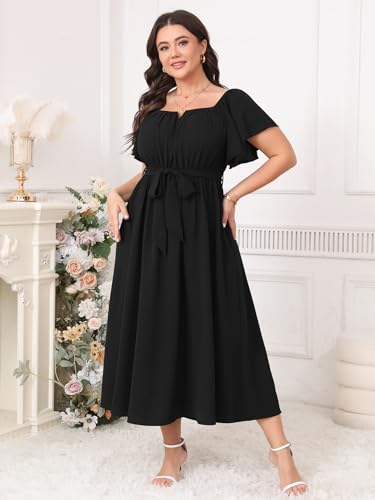Image of SCOMCHIC Women Plus Size Maxi Dress Off The Shoulder Bridesmaid Formal Wedding Guest Belted Flowy A Line Long Dresses