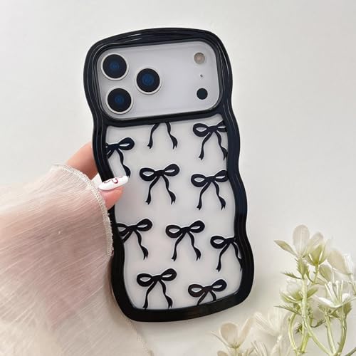 Coque iPhone 17 Pro silicone noir avec noeud papillon et bordure vague anti-choc