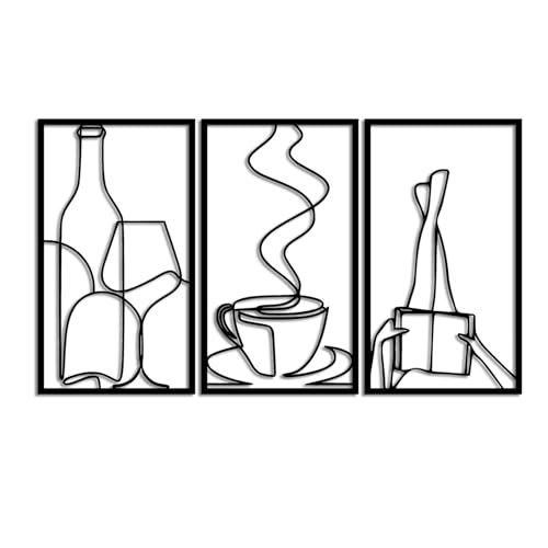 Juego de 3 arte de pared de línea de metal,arte de línea de amante de los libros,decoración de metal,arte de pared de taza de café de metal elegante,copas de vino de metal,decoración colgante de pared