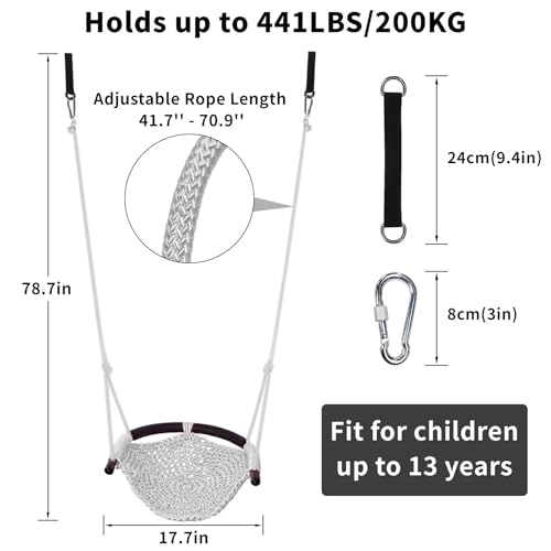 Image of Hi-Na Tree Swing for Kids, Adjustable Toddler Rope Swing Seat with Snap Hooks and Straps, 440 lbs Capacity, Swingset Accessories for Indoor Porch Doorway Outdoor Playground Backyard (Gray)