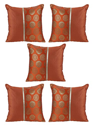 Image of ROMEE Unique Floral Polyester Orange & Gold Cushion /Pillow Covers for Sofa Pack of 5 (16 X16 Inches)