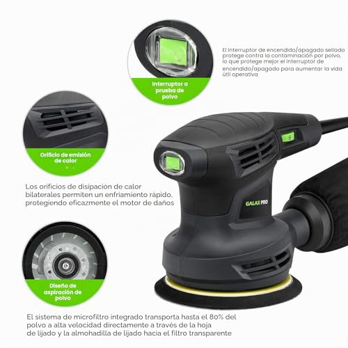 Miniatura 3 de Galax Pro Lijadora Orbital, 280w 6000-13000 Rpm 6 Velocidades Variables Lijadora Rotorbital, 15 Hojas De 125 Mm Discos Abrasivos, Polvo Sistema De Recogida, Ideal Para Bricolaje