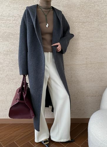 chouyatou Women's Winter Open Front Belted Wool Coat Casual Loose Hooded Midi Long Winter Pea Coat3