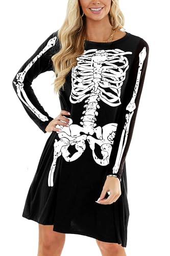Arankhiger Halloween Damen Skelett Bedruckte Kleid Knielang Abendkleid Langarm Gothic Party Kleid Skelett L