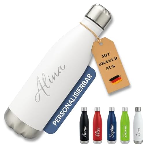 SMARTEON Trinkflasche personalisiert mit Namen – Edelstahl Isolierflasche mit Gravur – Personalisierte Sportflasche Erwachsene & Kinder – Thermosflasche personalisiert – Flasche mit Namen (Weiss)