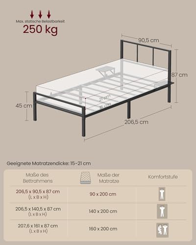VASAGLE Einzelbettgestell, Bett, passend für 90 x 200 cm Matratze, Metallbett, Bettrahmen, mit Kopfteil, modern, mit Aufbewahrungsregalen, Gästebett, für Teenager, tintenschwarz RMB192BD01