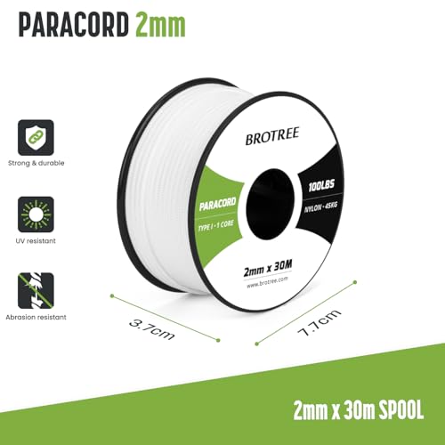 Brotree Paracord 2mm 30M 100% Lina Nylonowa 1-żyłowa Sznurek do Zewnątrz, Rzemieślnicze, Kemping - Obciążenie Niszczące 45kg (Biały)