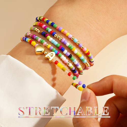 M MOOHAM 5PCS Colorful Beaded Initial Bracelets for Girls Women - Cute Stretch Heart Letter Beaded Bracelet Bohemian Initial Stackable Bracelet Birthday Gift Jewelry for Kids Teen Girl 6